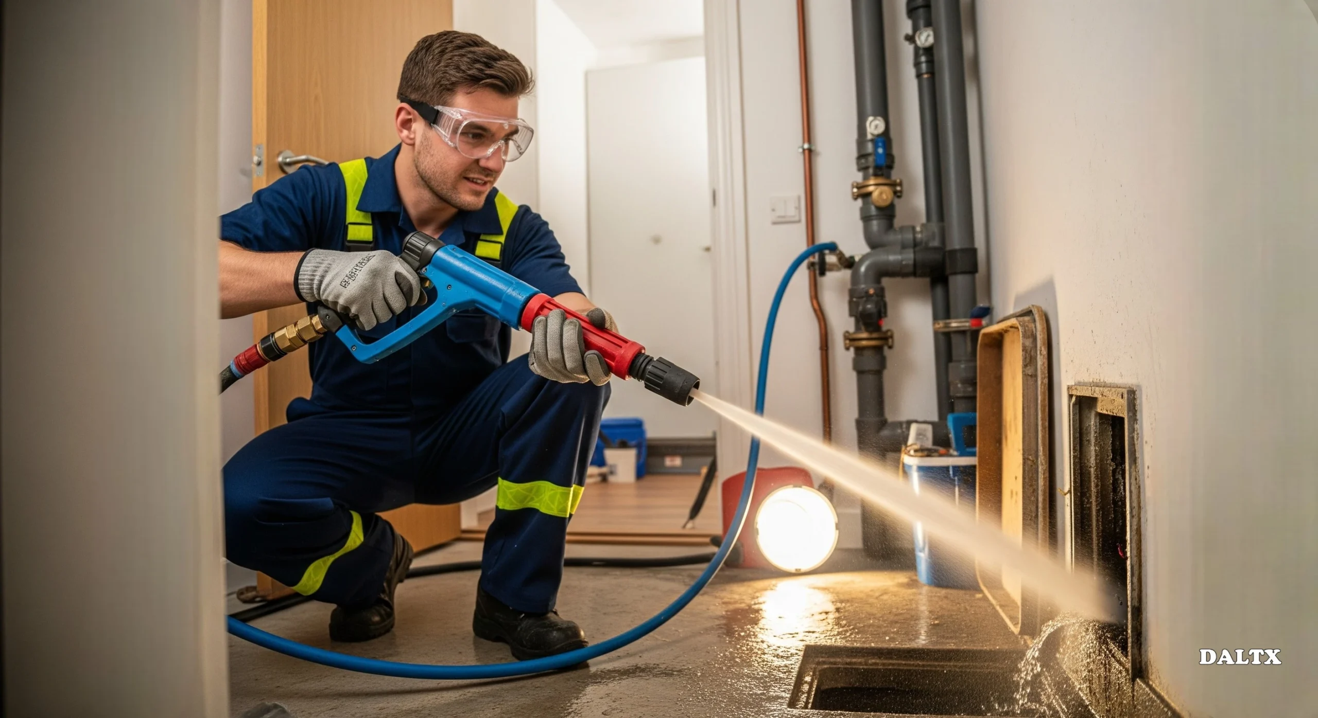 Plumber using hydro jetting hose to clean home drain