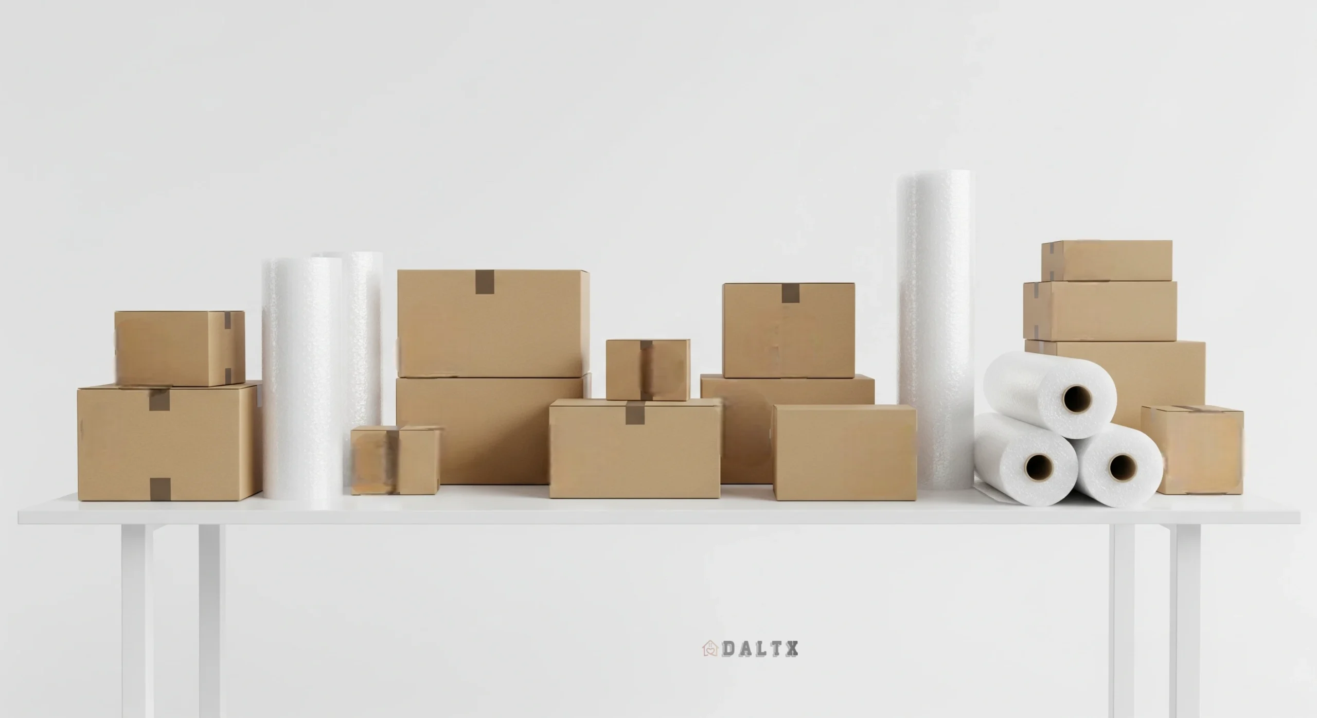 cardboard boxes and bubble wrap at a tidy packing station