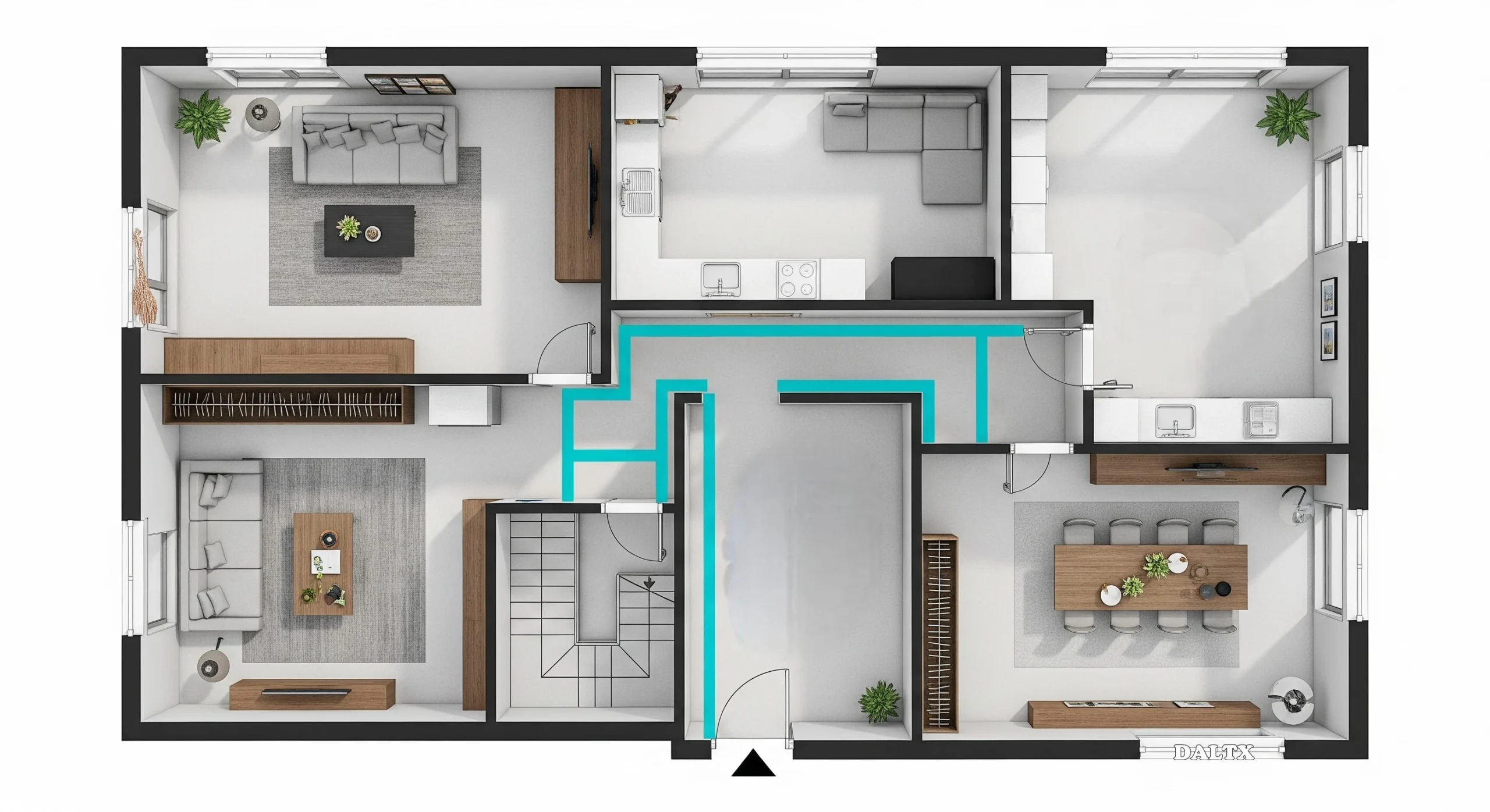 Interior room plan with highlighted walking paths showing natural flow